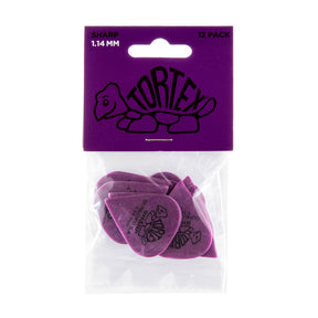 A plastic bag filled with purple 'Dunlop' branded guitar picks on a white background