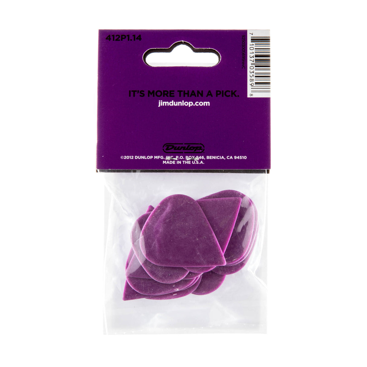 A package with a plastic bag filled with purple 'Dunlop' branded guitar picks on a white background