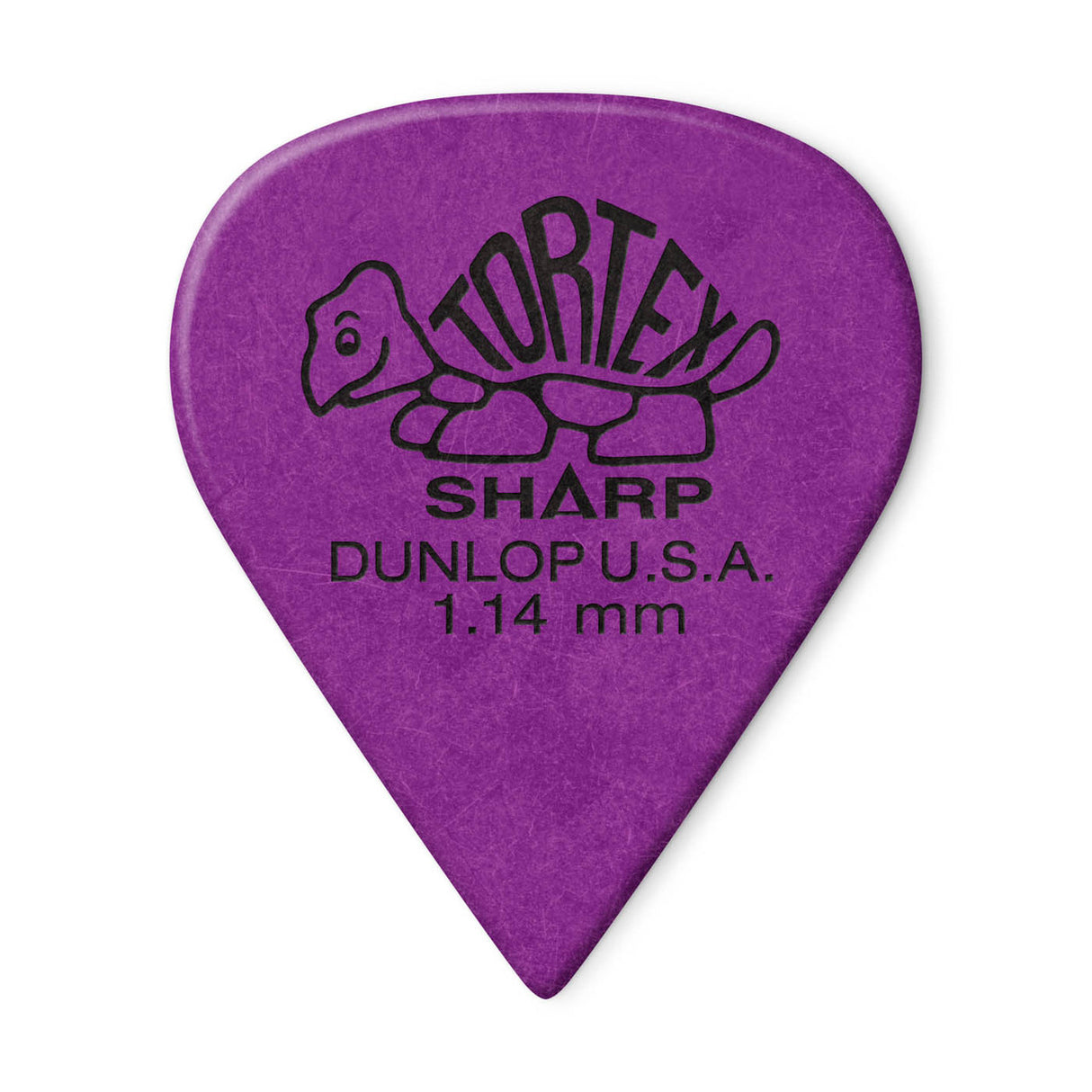 A purple 'Dunlop' branded guitar pick with a turtle design on a white background