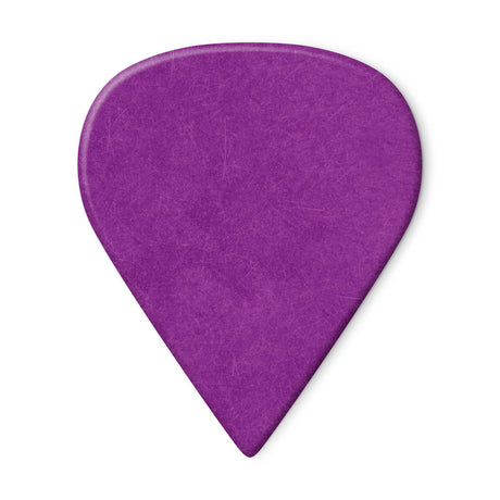 A purple guitar pick on a white background
