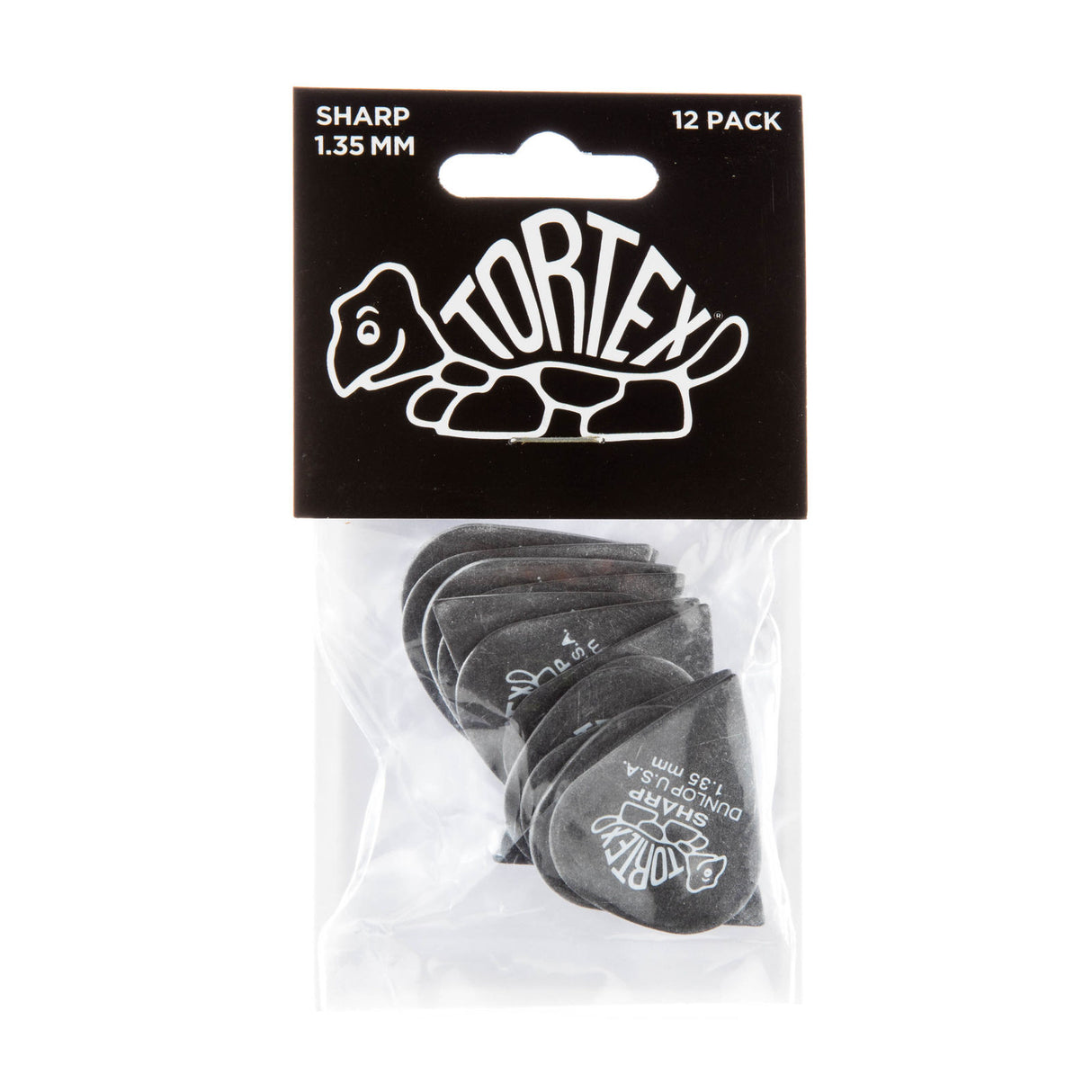 A package with a plastic bag filled with black 'Dunlop' branded guitar picks on a white background