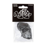 A package with a plastic bag filled with black 'Dunlop' branded guitar picks on a white background