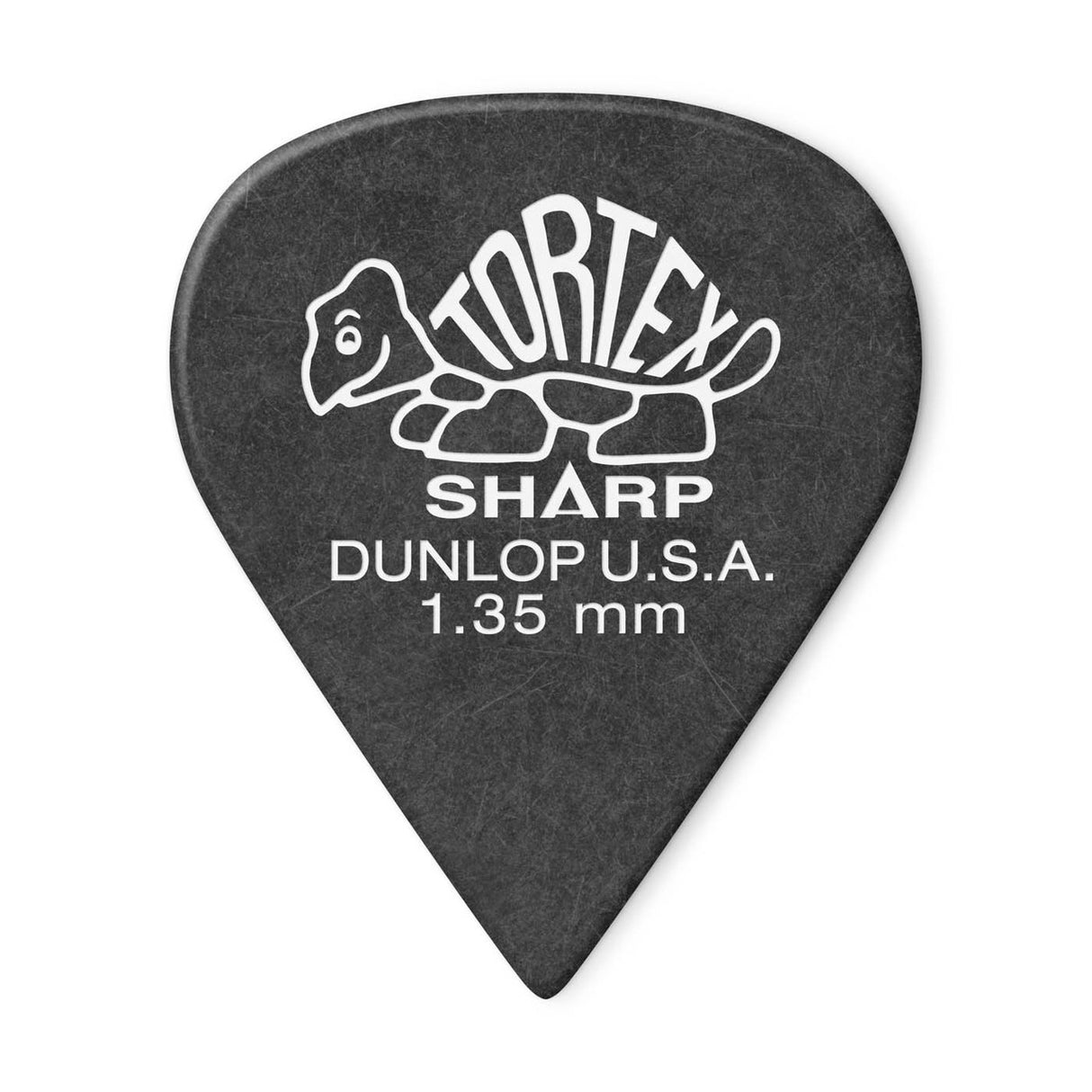 A black 'Dunlop' branded guitar pick with a turtle design on a white background