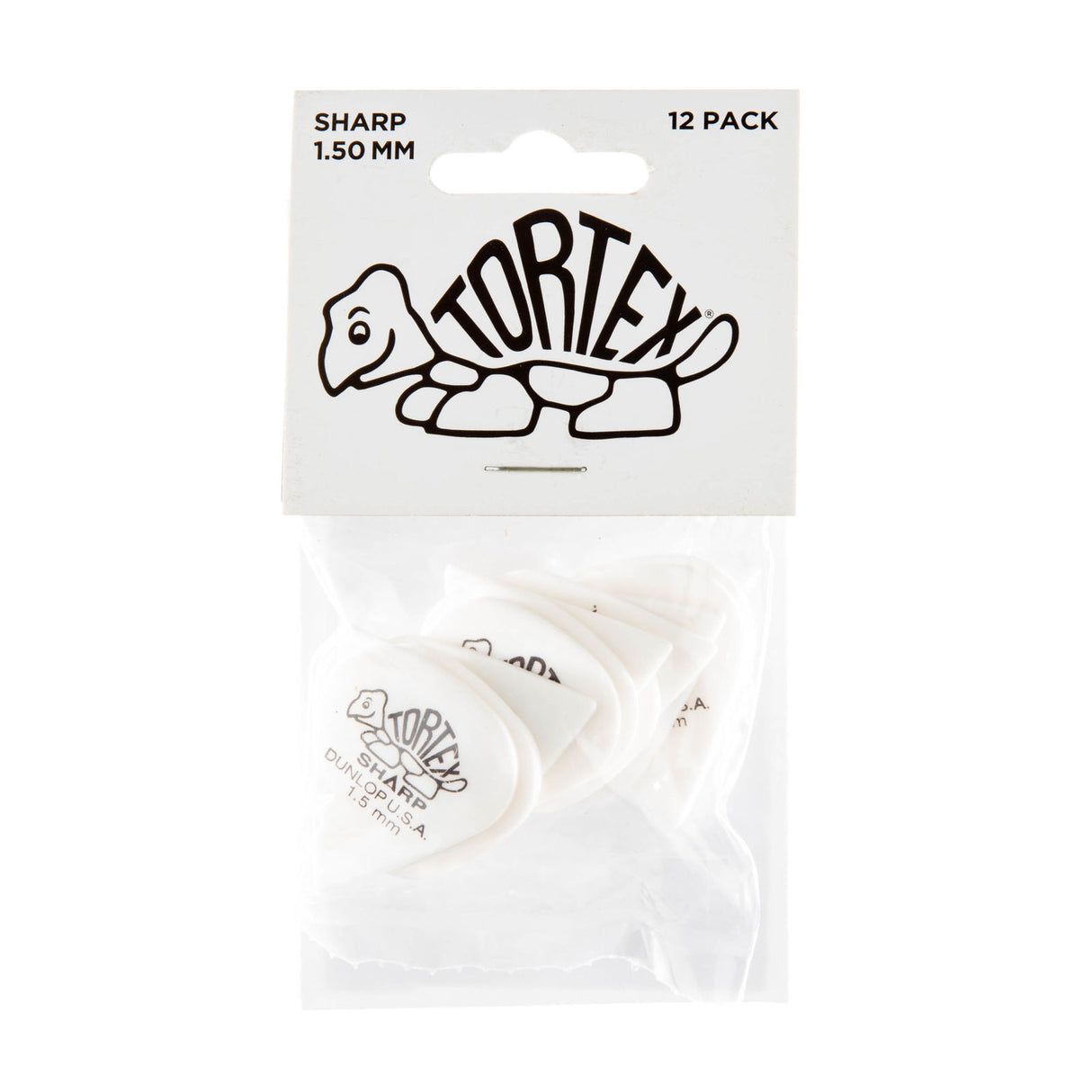 A package with a plastic bag filled with white 'Dunlop' branded guitar picks on a white background