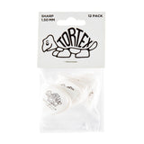 A package with a plastic bag filled with white 'Dunlop' branded guitar picks on a white background