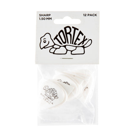 A package with a plastic bag filled with white 'Dunlop' branded guitar picks on a white background