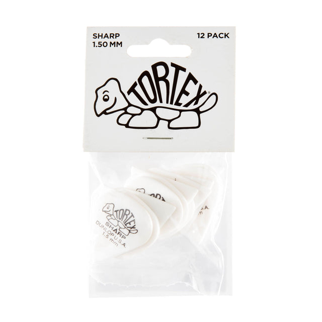 A package with a plastic bag filled with white 'Dunlop' branded guitar picks on a white background