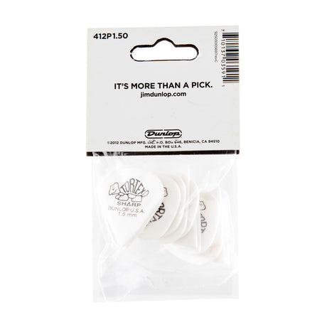 A package with a plastic bag filled with white 'Dunlop' branded guitar picks on a white background