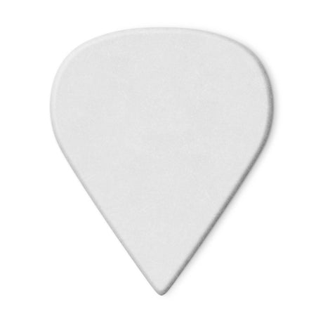 A white guitar pick on a white background