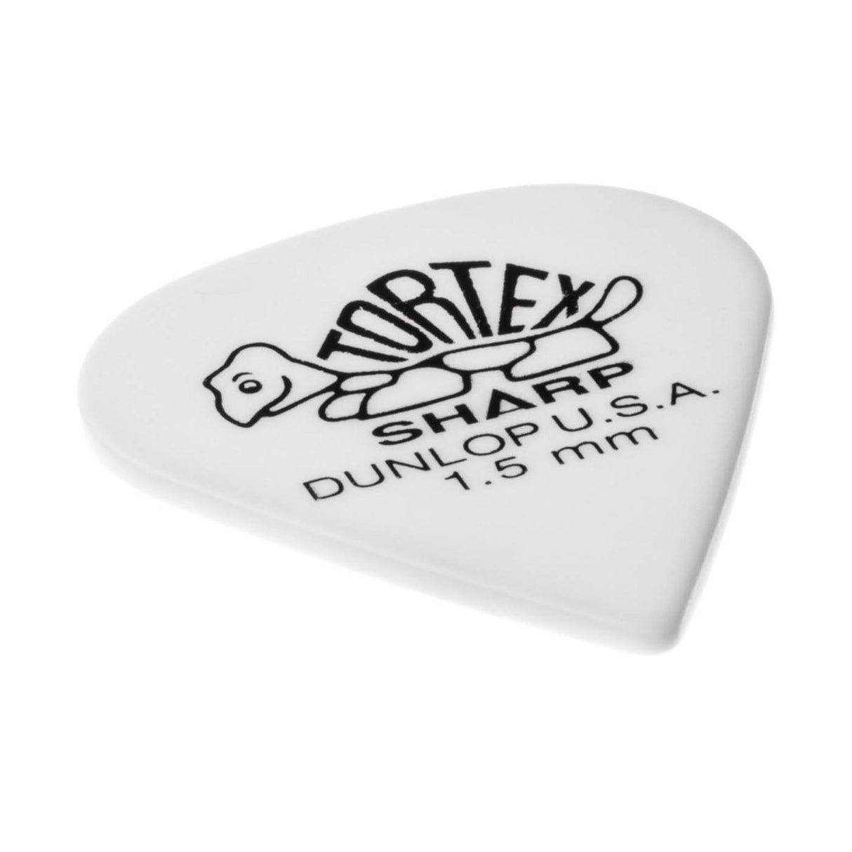 A white 'Dunlop' branded guitar pick with a turtle design on a white background