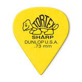 A yellow 'Dunlop' branded guitar pick on a white background