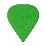 A green guitar pick on a white background