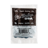 A plastic bag filled with blue guitar picks on a white background