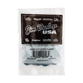 A plastic bag filled with blue guitar picks on a white background