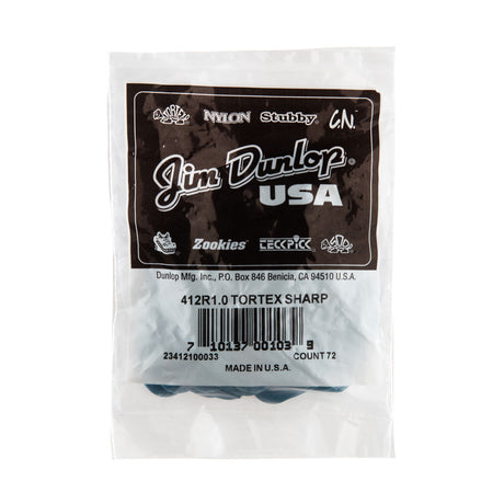 A plastic bag filled with blue guitar picks on a white background