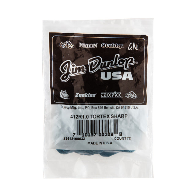 A plastic bag filled with blue guitar picks on a white background