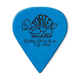 A blue 'Dunlop' branded guitar pick with a turtle design on a white background