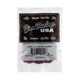 A plastic bag filled with purple guitar picks on a white background