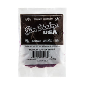 A plastic bag filled with purple guitar picks on a white background