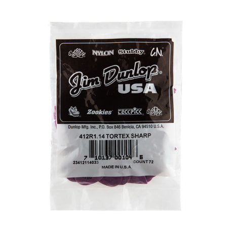 A plastic bag filled with purple guitar picks on a white background