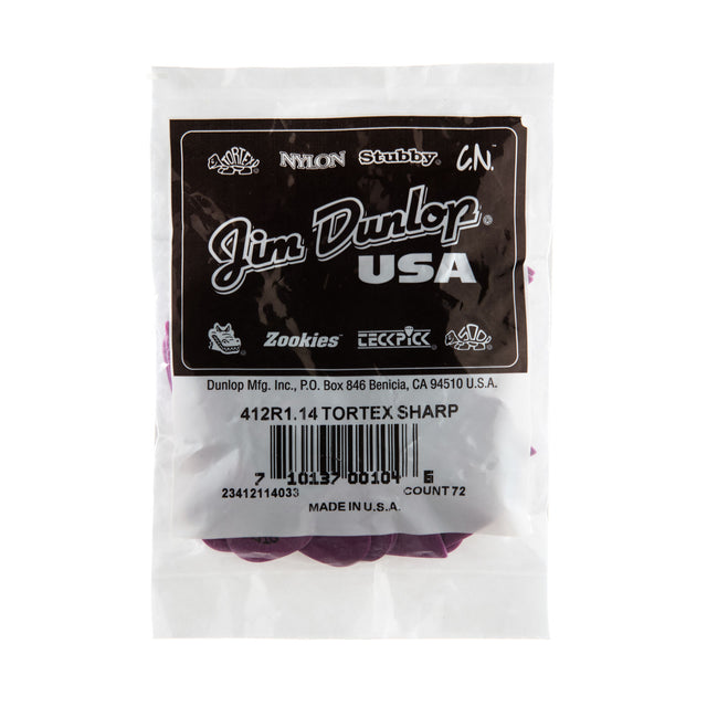 A plastic bag filled with purple guitar picks on a white background