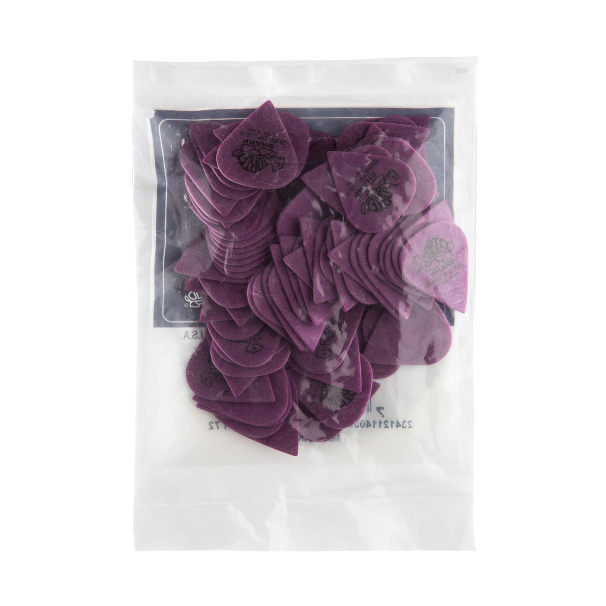 A plastic bag filled with purple 'Dunlop' branded guitar picks on a white background