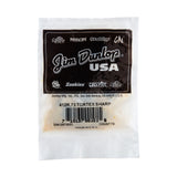 A plastic bag filled with 'Dunlop' branded picks on a white background