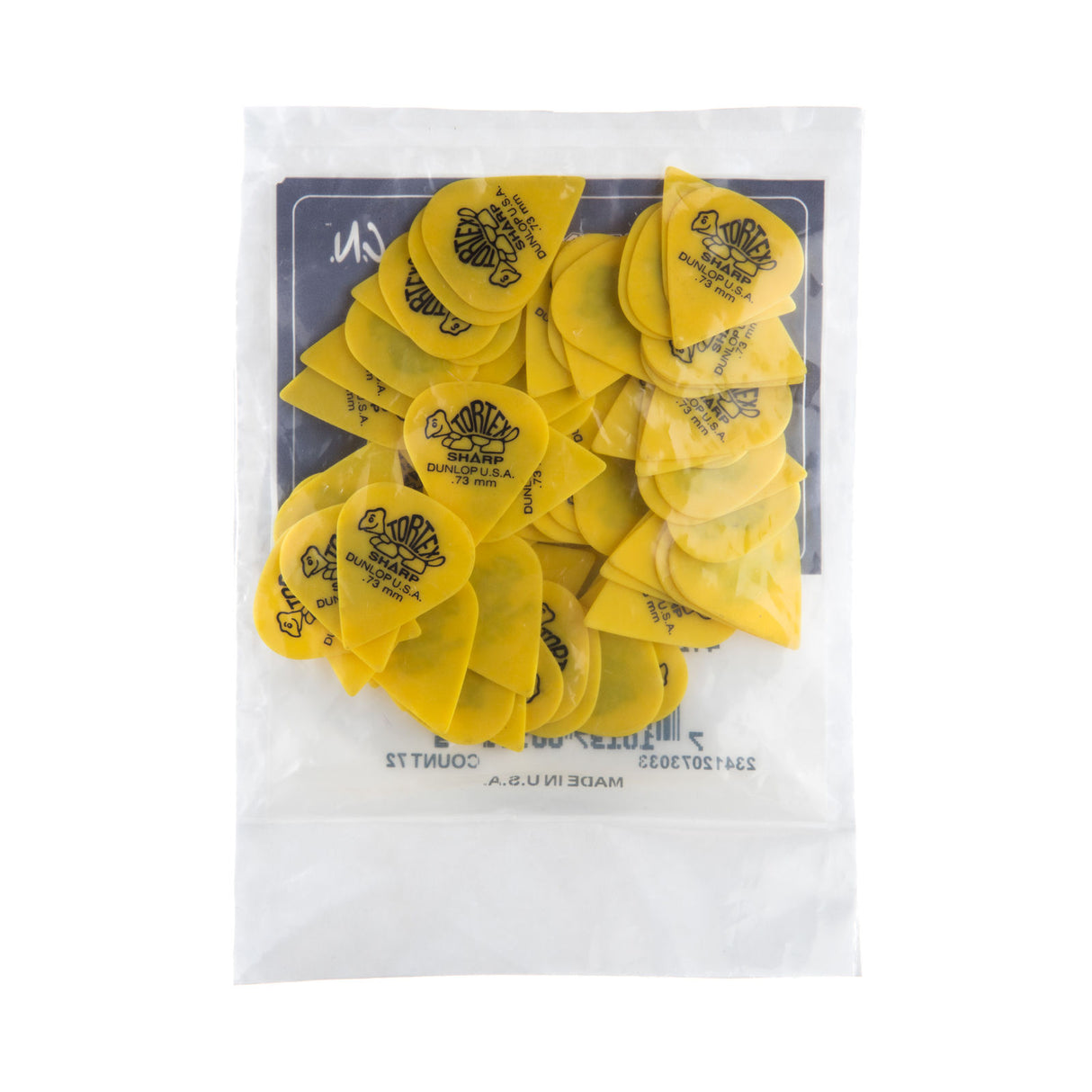 A plastic bag filled with yellow 'Dunlop' branded guitar picks on a white background