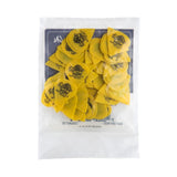 A plastic bag filled with yellow 'Dunlop' branded guitar picks on a white background