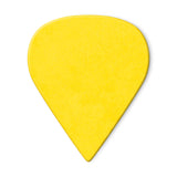 A yellow guitar pick on a white background