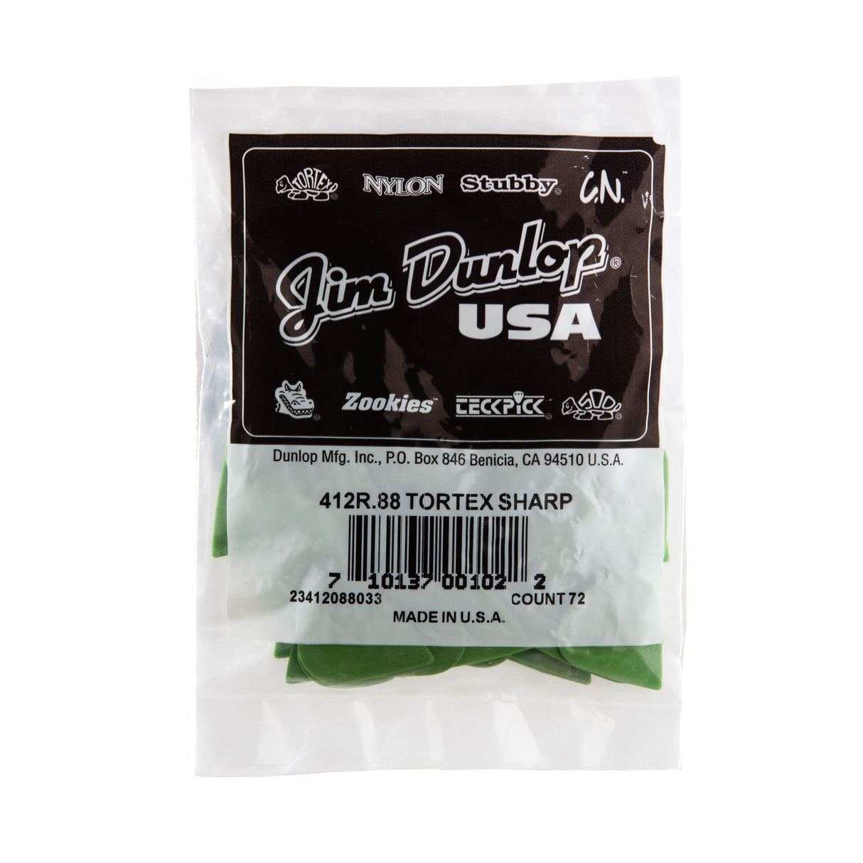 A plastic bag filled with 'Dunlop' branded guitar picks on a white background