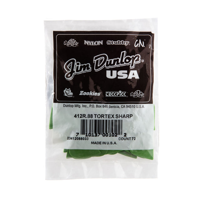 A plastic bag filled with 'Dunlop' branded guitar picks on a white background