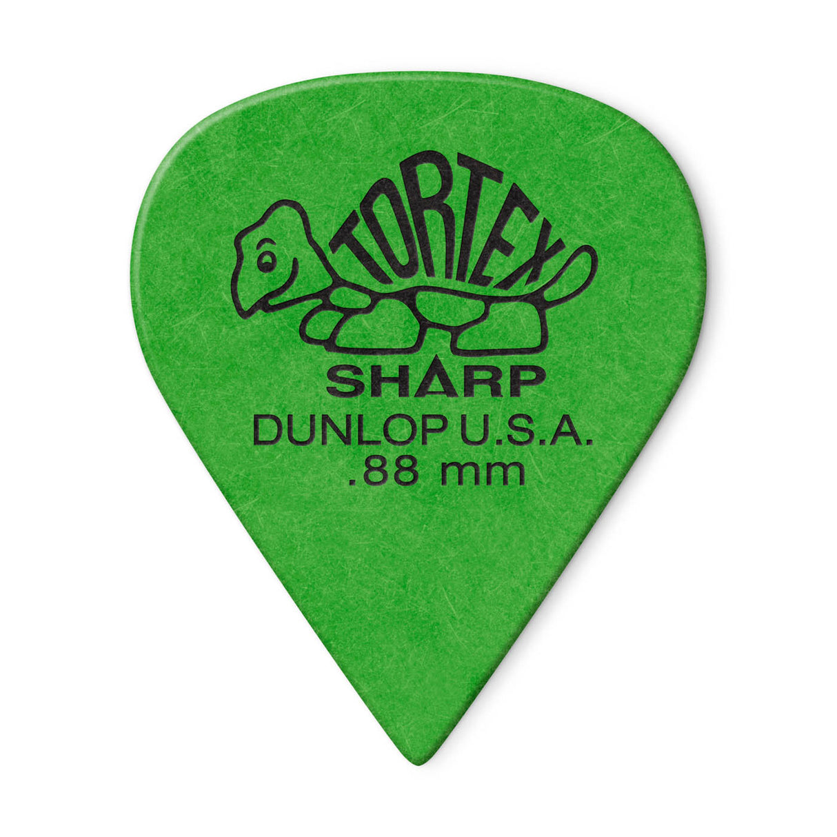 A green 'Dunlop' branded guitar pick with a Tortex turtle design on a white background