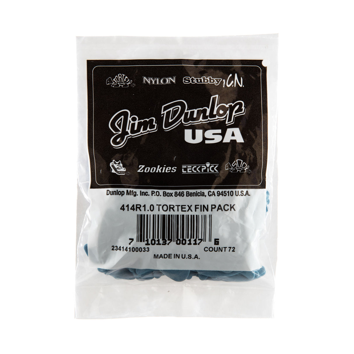 A plastic package filled with 'Dunlop' branded guitar picks on a white background