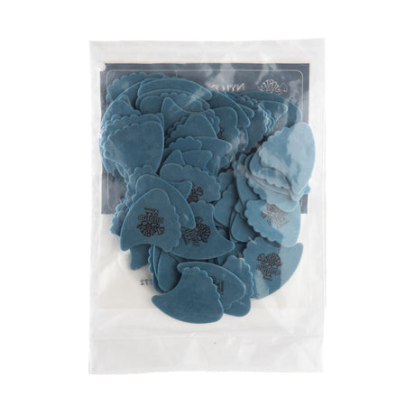 A plastic package filled with blue 'Dunlop' branded fin guitar picks on a white background