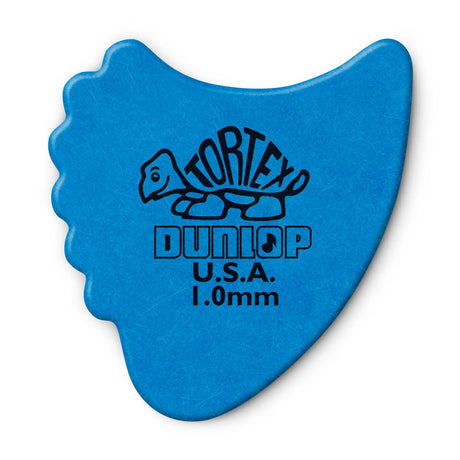 A blue 'Dunlop' branded fin guitar with a Tortex turtle design on a white background