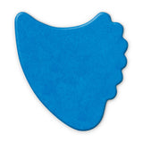 A blue fin guitar pick on a white background