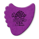 A purple 'Dunlop' branded fin guitar pick a Tortex turtel design on a white background