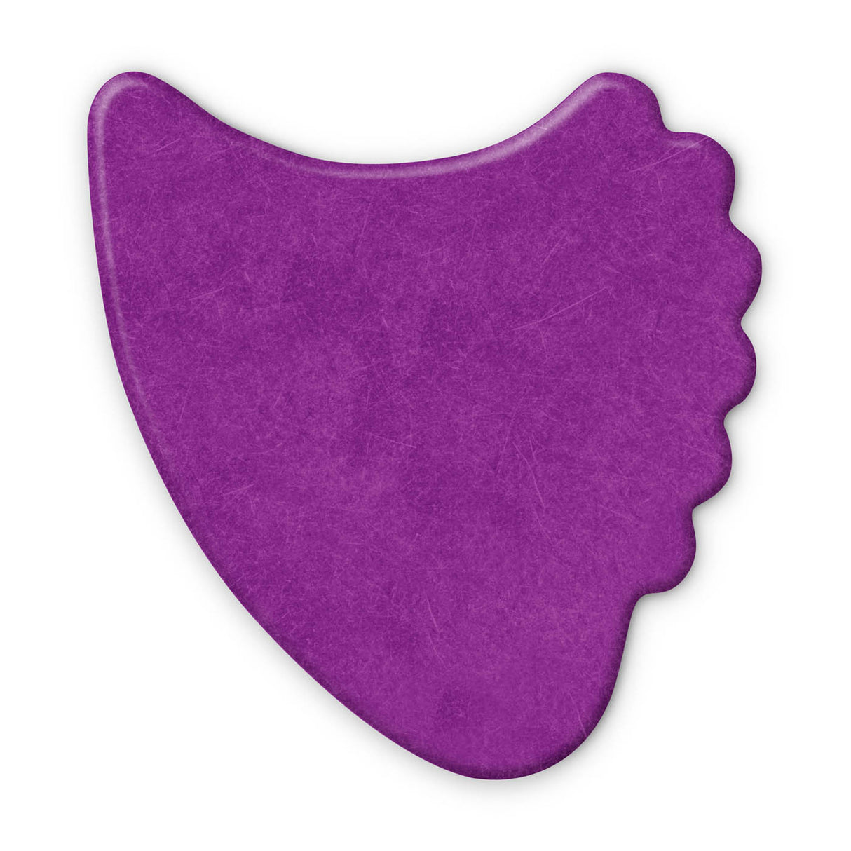 A purple fin guitar pick on a white background