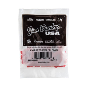 A plastic package filled with red 'Dunlop' branded guitar picks on a white background