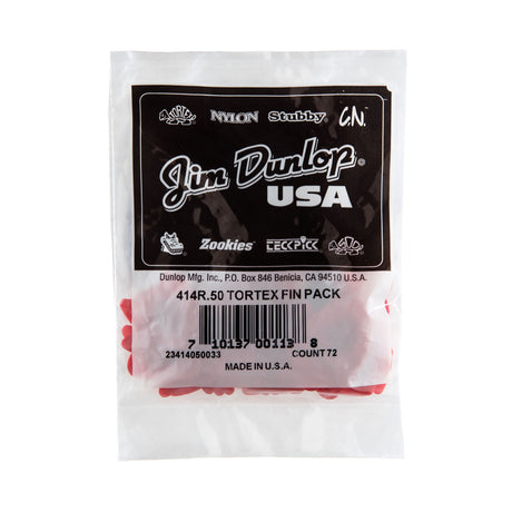 A plastic package filled with red 'Dunlop' branded guitar picks on a white background