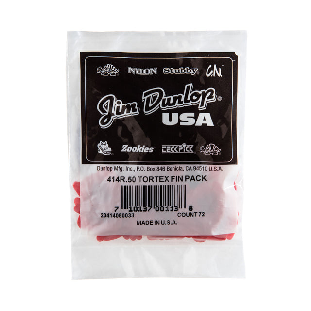 A plastic package filled with red 'Dunlop' branded guitar picks on a white background