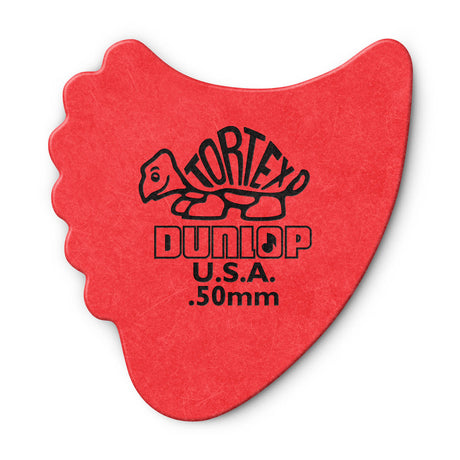 A red 'Dunlop' branded fin guitar pick with a Tortex turtle design on a white background
