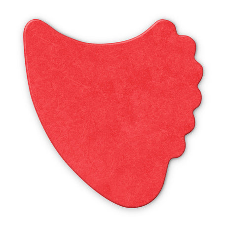 A red fin guitar pick on a white background