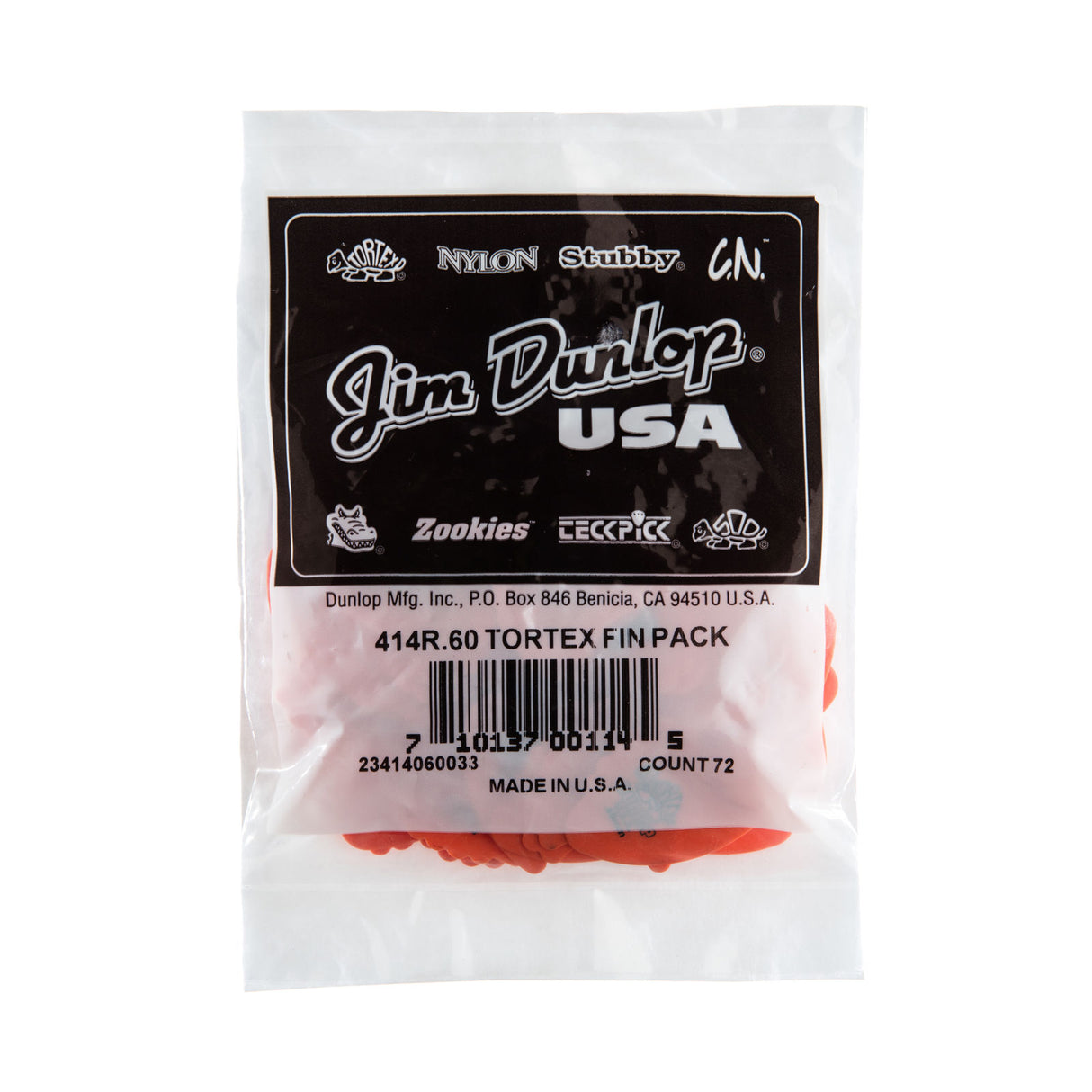 A plastic package filled with 'Dunlop' branded picks on a white background