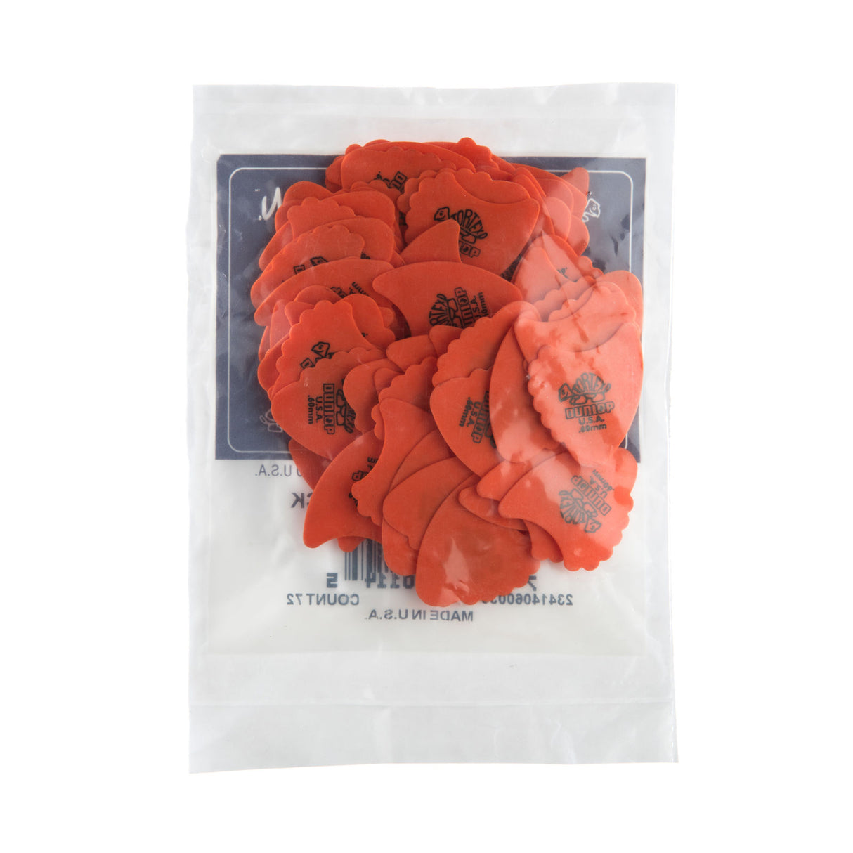 A plastic package fill with orange 'Dunlop' branded fin picks on a white background