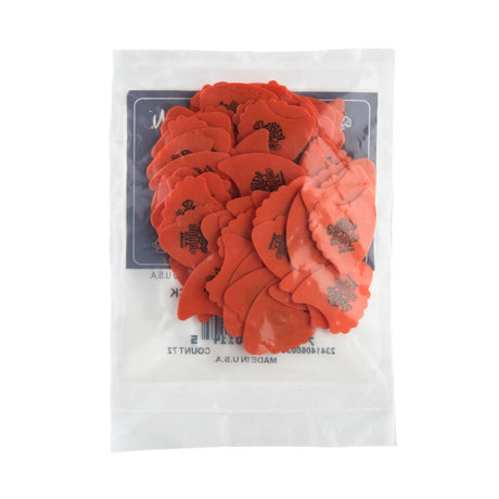 A plastic package fill with orange 'Dunlop' branded fin picks on a white background