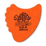A orange 'Dunlop' branded fin guitar pick with a Tortex turtle design on a white background