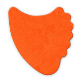 A orange fin guitar pick on a white background