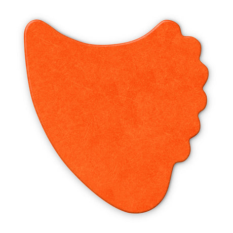 A orange fin guitar pick on a white background